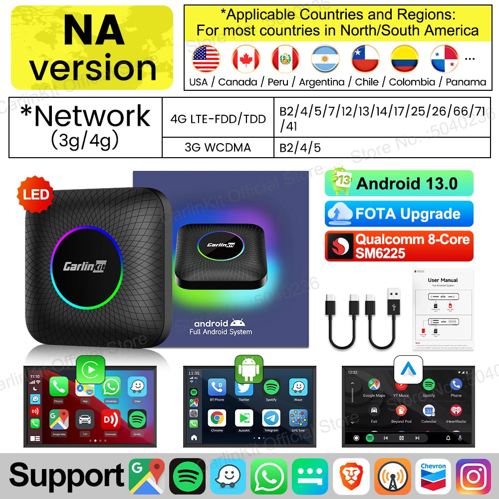 CarlinKit Android 13 SDM660 6225 CarPlay Ai Box LED 8-Cores Wireless Android Auto& CarPlay Car USB Adapter 64G 128G FOTA Upgrade