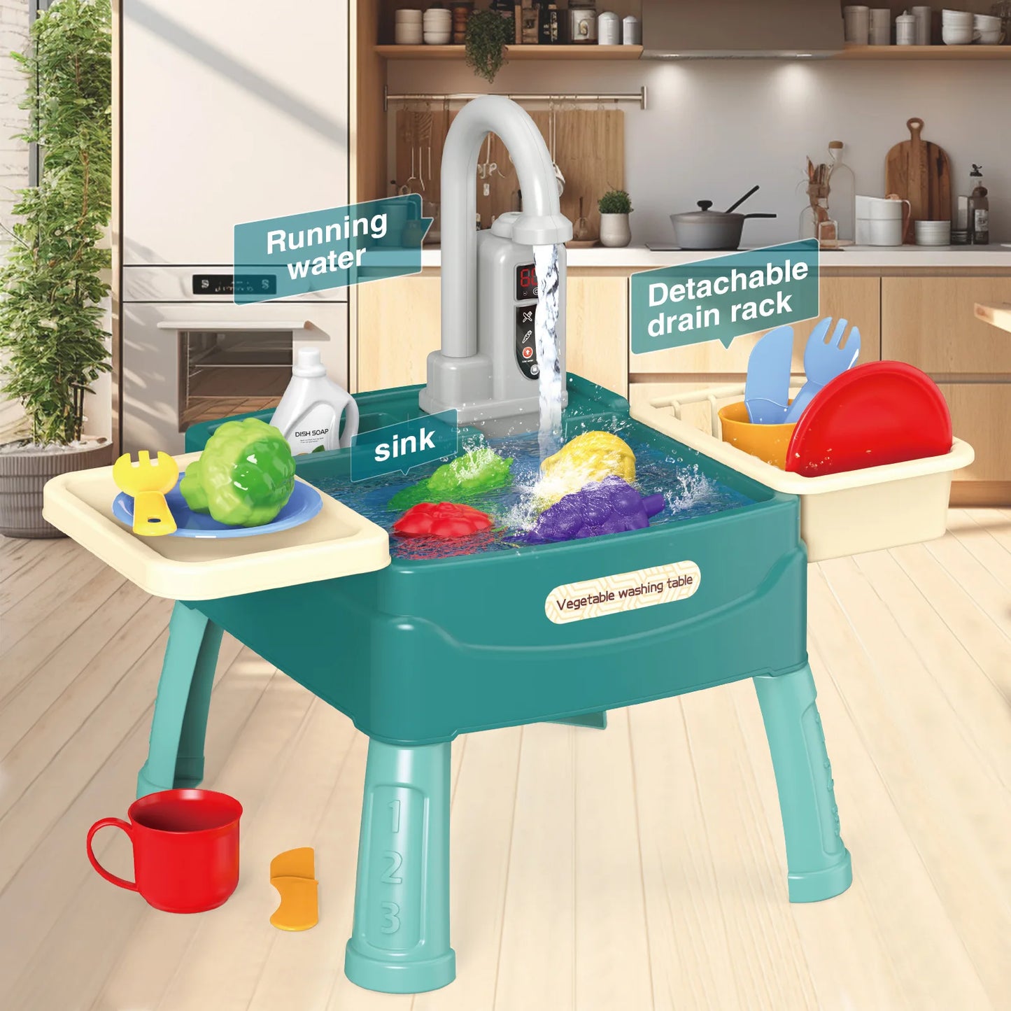 Play Sink with Running Water Kitchen Sink Toys with Electric Faucet Water Table Floating Pool Dishwasher Set for Toddler Girl - Merit Sell