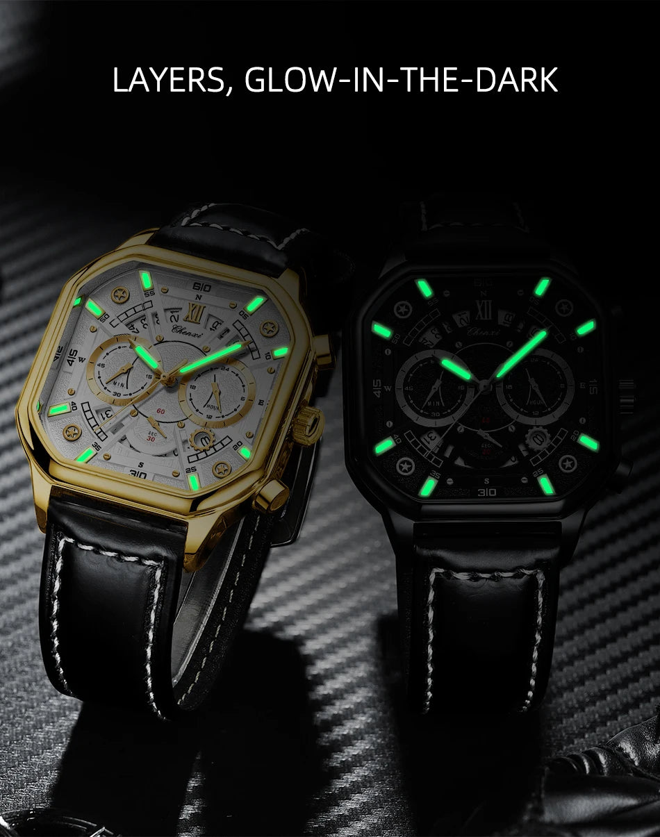 CHENXI High Quality Multifunctional Business Leisure Watches For Man Square Dial Leather Strap Quartz Wristwatches Clock Gifts