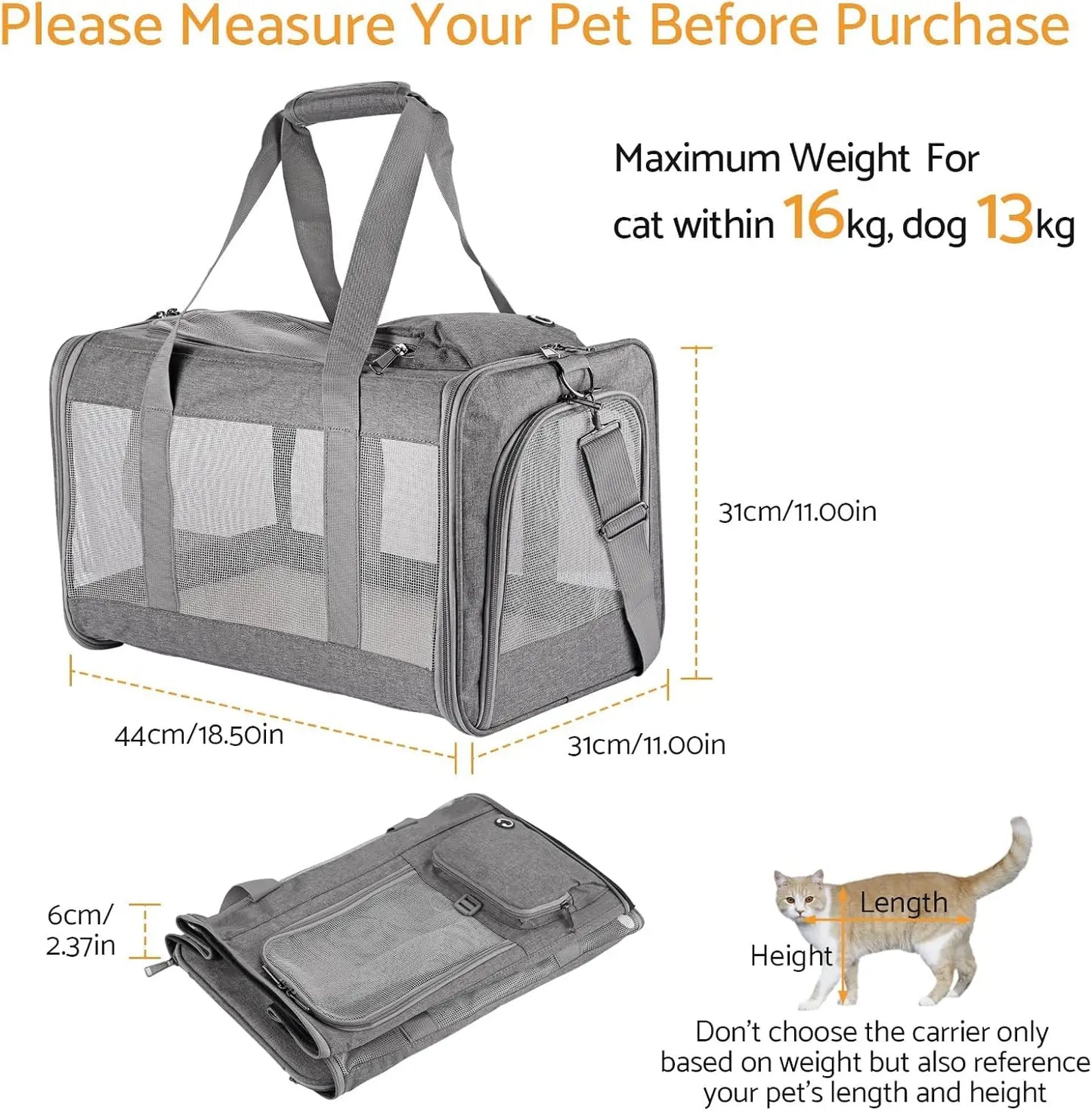 Dog Carrier,Cat Carrier Airline Approved Soft Pet Carrier with Breathable Honeycomb Board,Removable Support Board for Car,