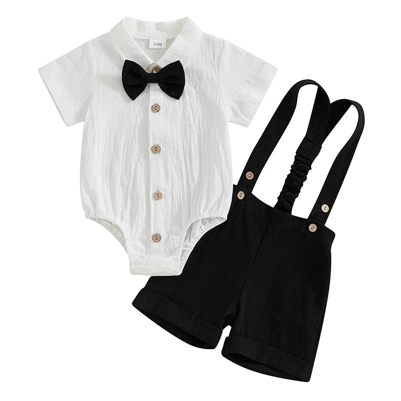 Toddler Baby Boy Gentleman Outfit Solid Color Short Sleeve Lapel Neck Romper with Suspender Shorts and Bowtie 3 Pcs Set