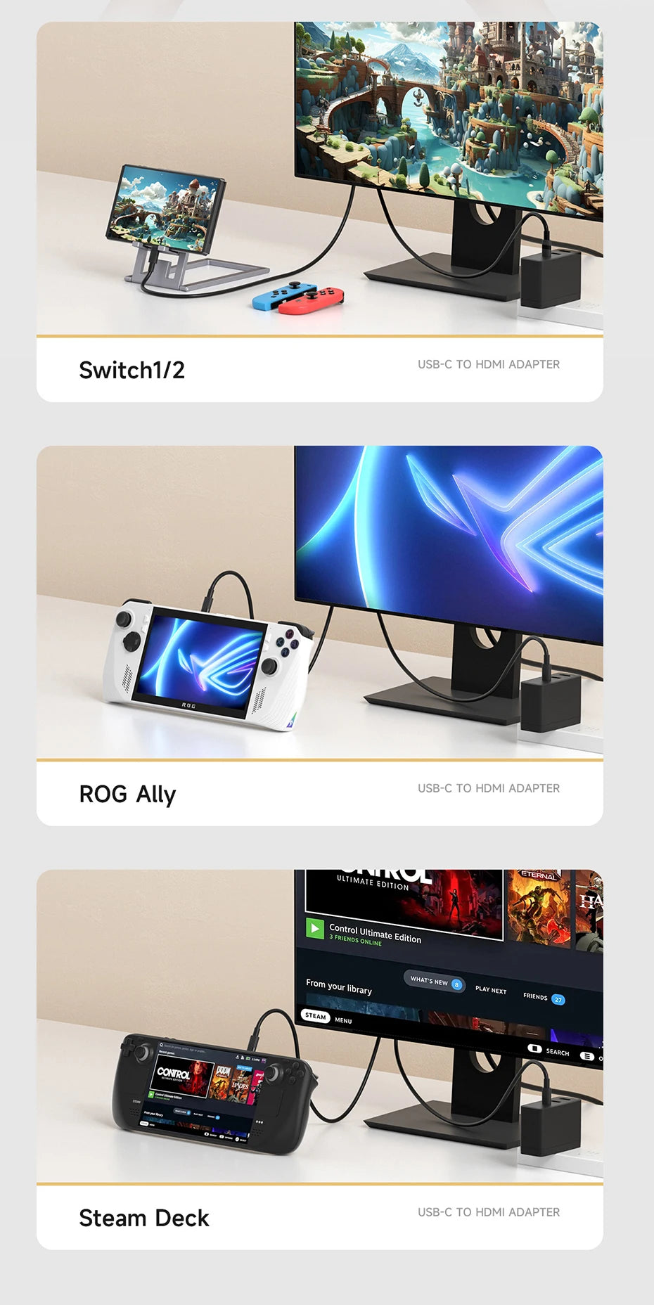 Hagibis Switch Dock for Nintendo Switch/OLED/Switch2 USB C to HDMI Cable Adapter 8K@60Hz HDR 100W PD for Laptop SteamDeck ROG