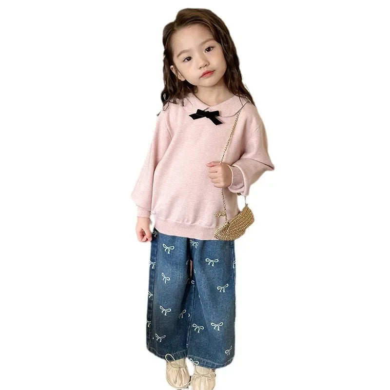 Childrens Clothing 2024 Autumn New Korean Bow Loose Jeans Trendy Girls Cute Clothes Teenage Girls Clothing