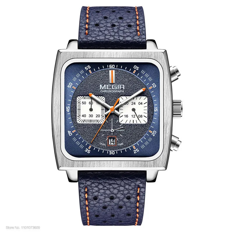 MEGIR Square Dial Chronograph Quartz Watches for Men Fashion Blue Leather Strap Casual Sport Wristwatch with Date 24-hour 2182