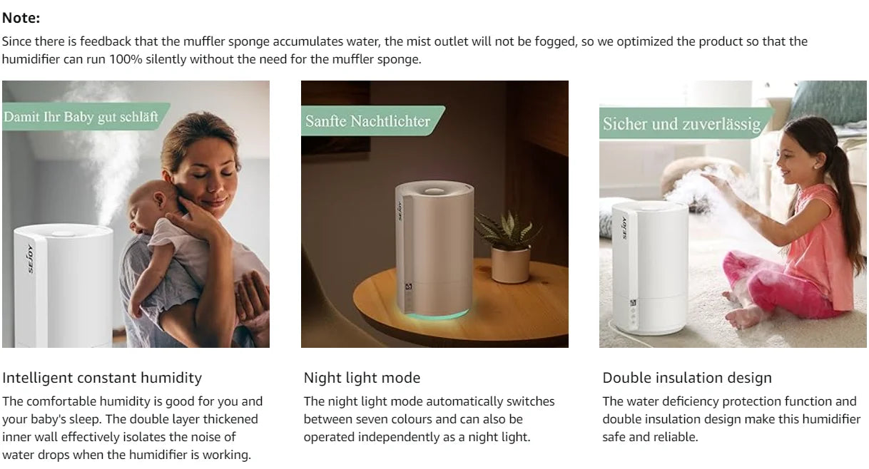 SEJOY Humidifiers for Bedroom Large Room Ultrasonic Air Humidifier for Baby Plant 4L Top Fill Smart Constant Humidity