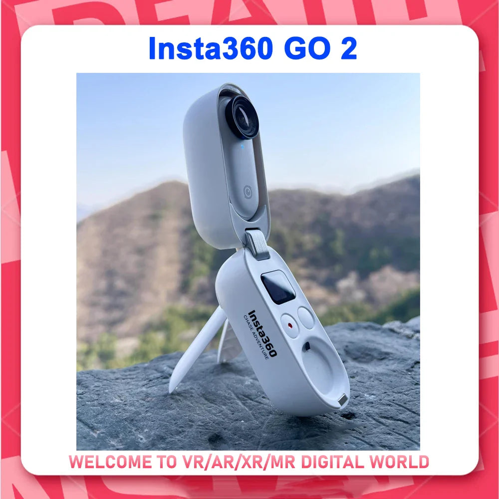 Insta360 Go 2 compact action camera with lens guard and tripod on outdoor rock background