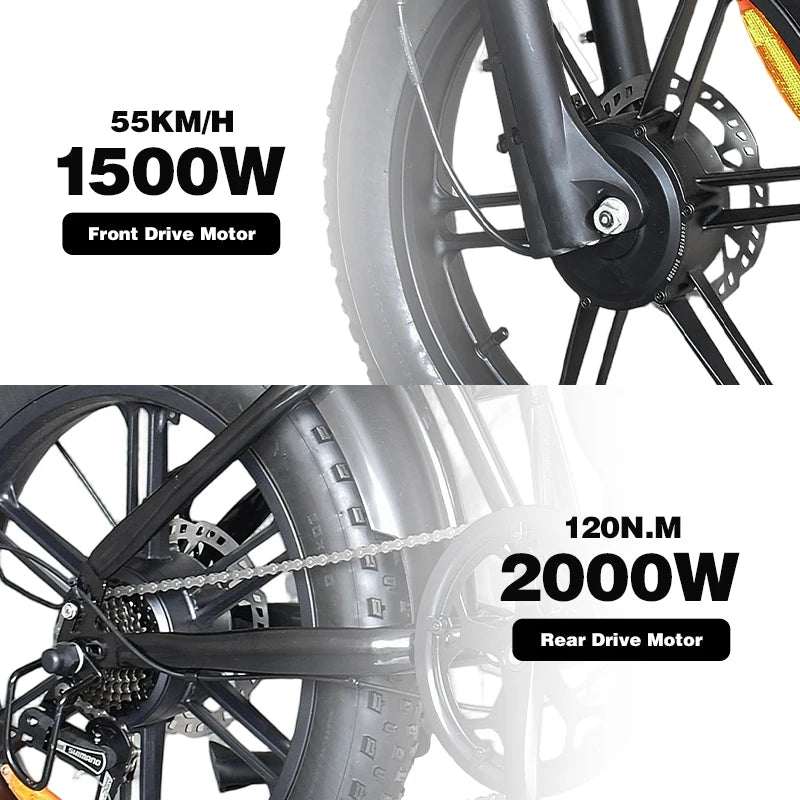 DEEPOWER S8 Electric Bicycle 1500W/2000W Dual Motor Electric Bike 60Ah Large Capacity Battery Ebike 20*4.0'' Fat Tire Men's Bike