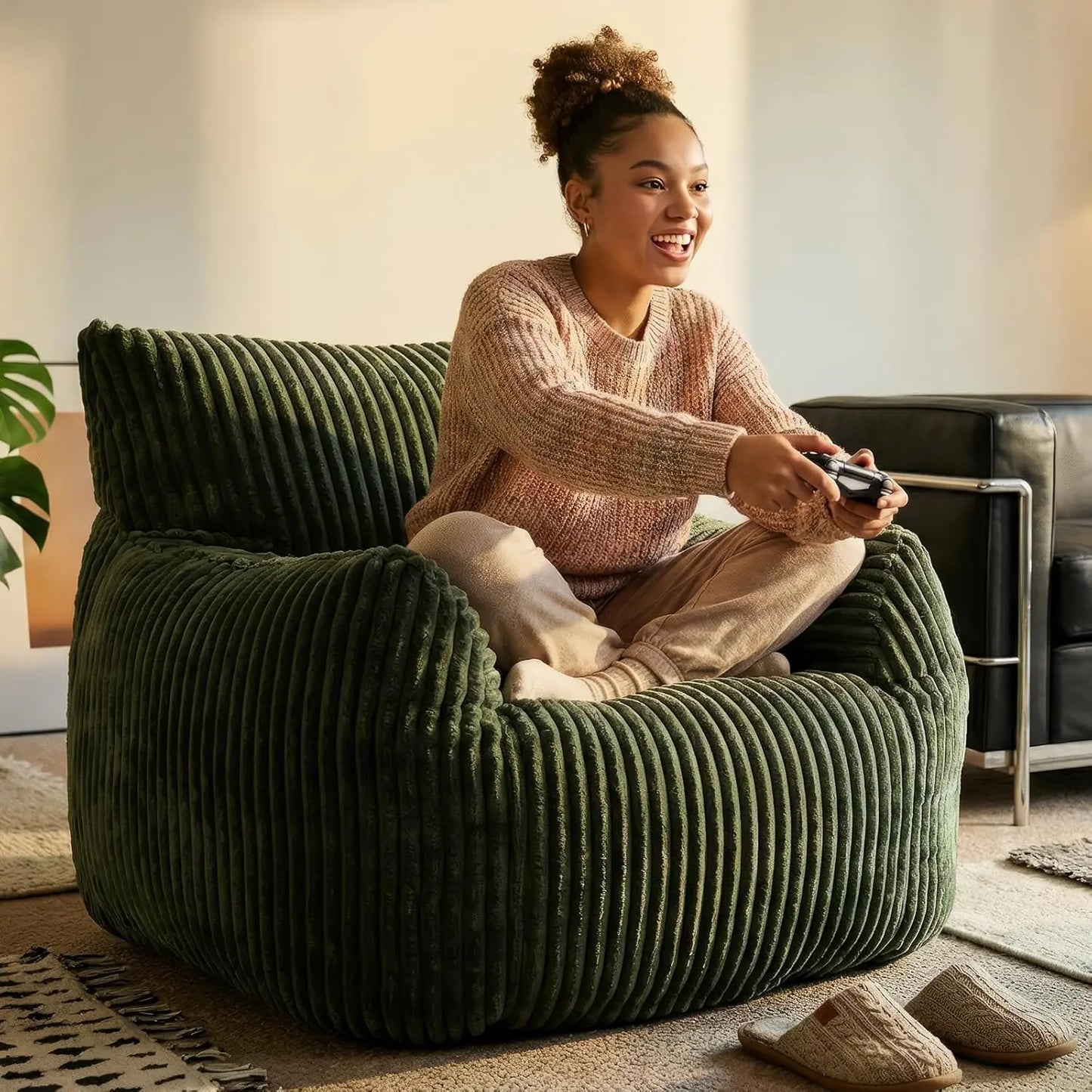 Adult Bean Bag Chair High Support Foam Cushion Corduroy Armrest Living Bedroom Gaming Gray Custom