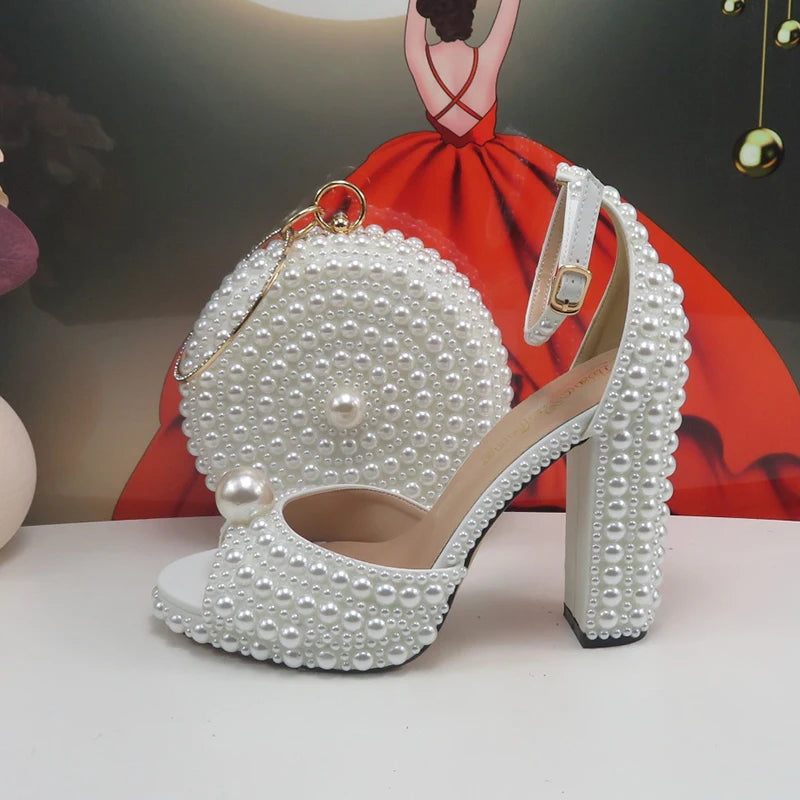 2024 New Arrival Customized White Female Sandals Bridal shoe bag set woman Thin Heel Big Pearl Girls fashion Sandals party Shoes