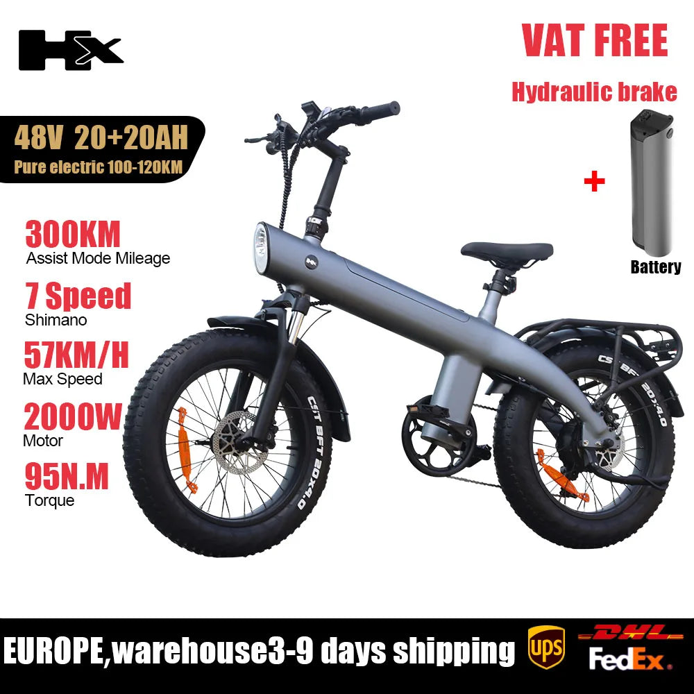 HX Q3 2000W Adult Electric Bicycle 48V 20AH E Bike Removable Battery Foldable Ebike 20 inch fat tire Electric Bike