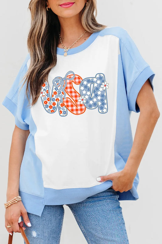 Star Plaid Flower USA Graphic Color Block Crewneck T Shirt - Merit Sell