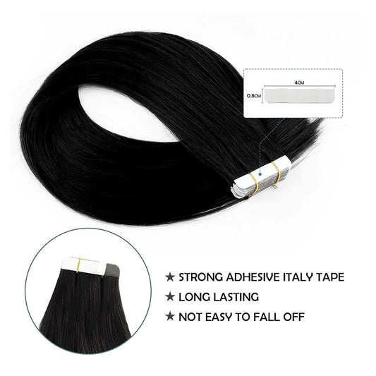 Tape In Hair Extensions Straight Brazilian Remy Human Hair Extensions Natural Black 20Pcs 50G/Pack Adhesive Invisible For Women - Merit Sell