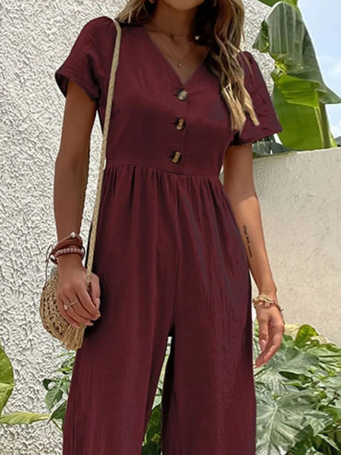 V-Neck Short Sleeve Wide Leg Jumpsuit - Merit Sell
