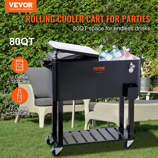 VEVOR 80 Quart Rolling Ice Chest Cooler Cart Portable Bar Drink Cooler Beverage Bar Stand Up Cooler for Patio Backyard - Merit Sell