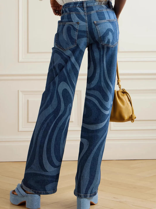 Water Ripples Print Wide Leg Jeans - Merit Sell