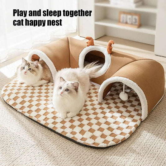 Winter Indoor Warm Plush Cat Bed Tunnel Warm Shelter Tent House Toys for Dog Play and Sleep Integrated Hide and Seek Pet Nest - Merit Sell