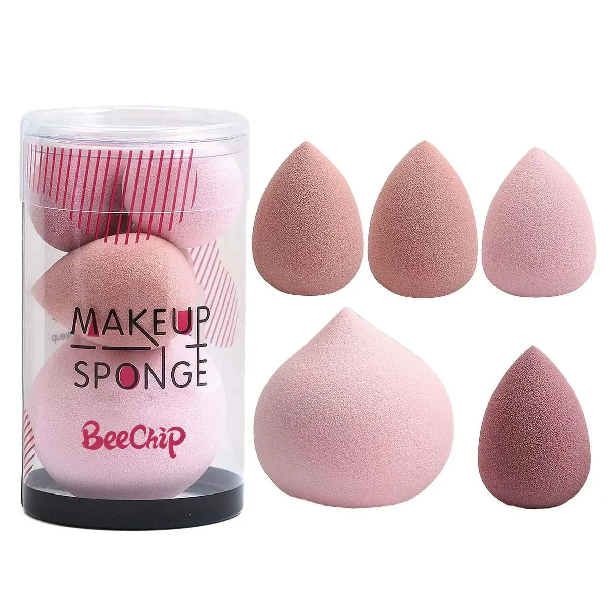 Merit Sell wet and dry makeup blender set with five pink and beige blending sponges in varying shapes