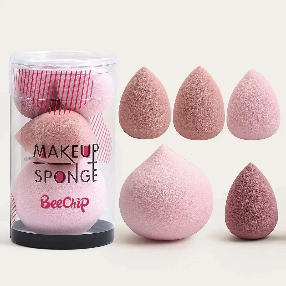 Merit Sell wet and dry makeup blender set with multiple pink makeup sponges in various shapes and sizes