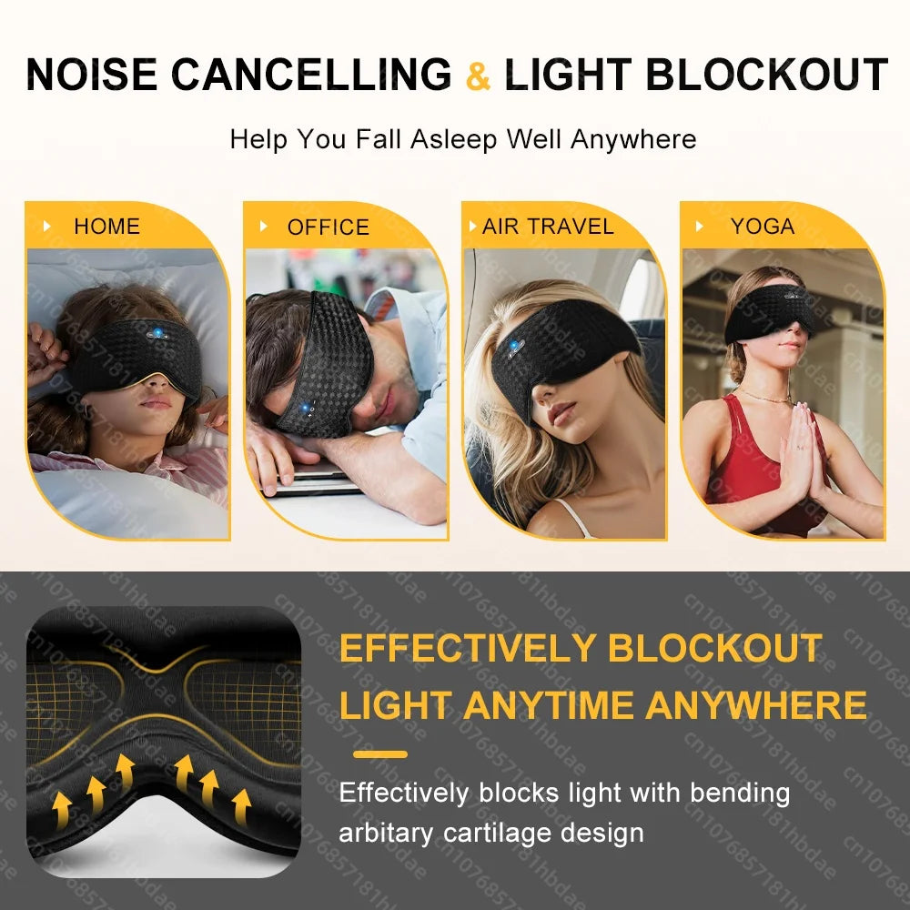 Breathable eye mask with built-in headphones for noise cancelling and light blackout during home, office, air travel, and yoga