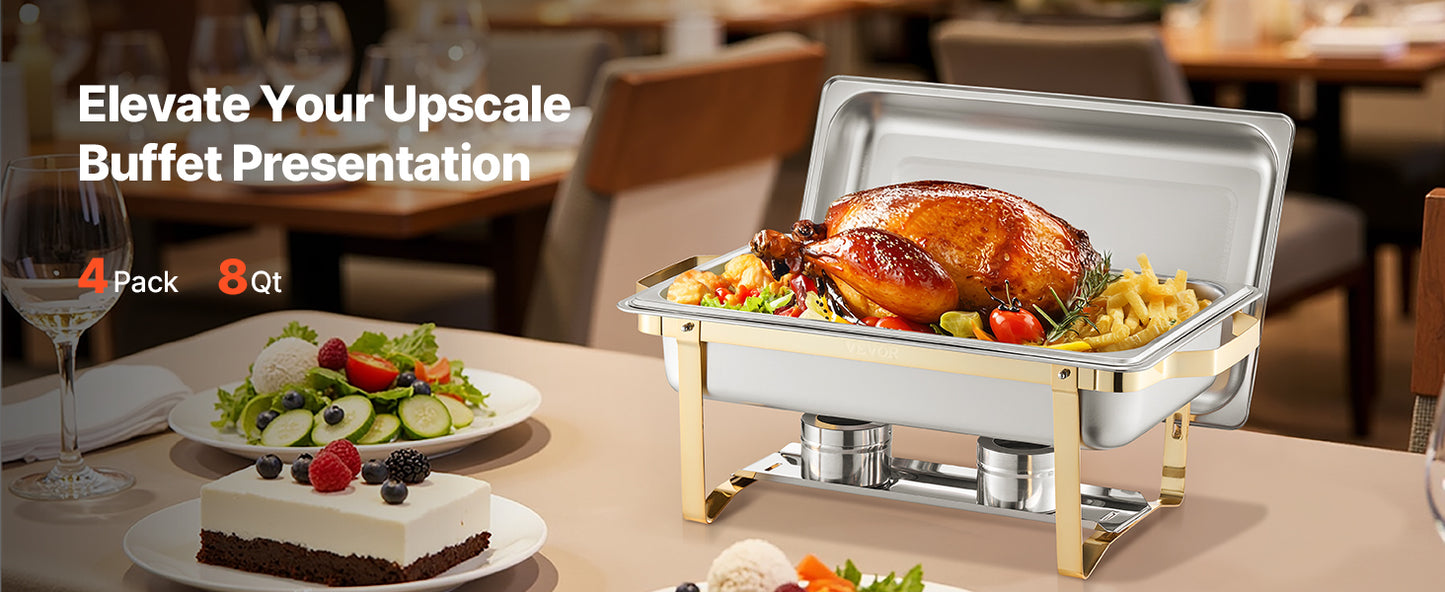 SucceBuy 8 Qt 4 Pack Chafing Dish Buffet Set Stainless Steel Chafer with 2 Full Size and 4 Half Size Pans Catering Warmer Server - Merit Sell