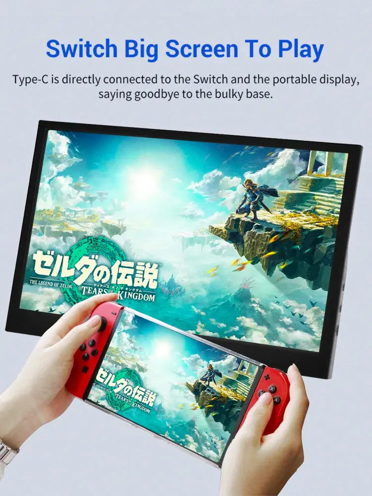 black computer monitor gaming display showing game screen from Nintendo Switch handheld front view