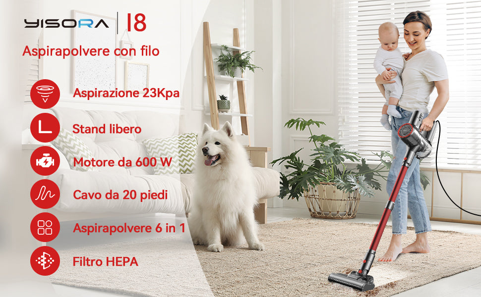 I8 Corded Vacuum Cleaner 23Kpa 600W Stick Vacuum Cleaner With 20ft Line Free-Stand 6 in 1 Handheld Vacuum for Household Cleaning