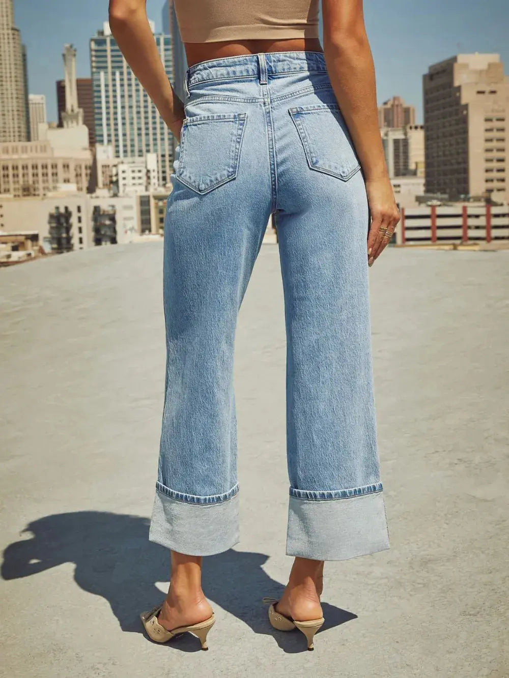 High Waisted Straight Leg Rolled Jeans - Merit Sell