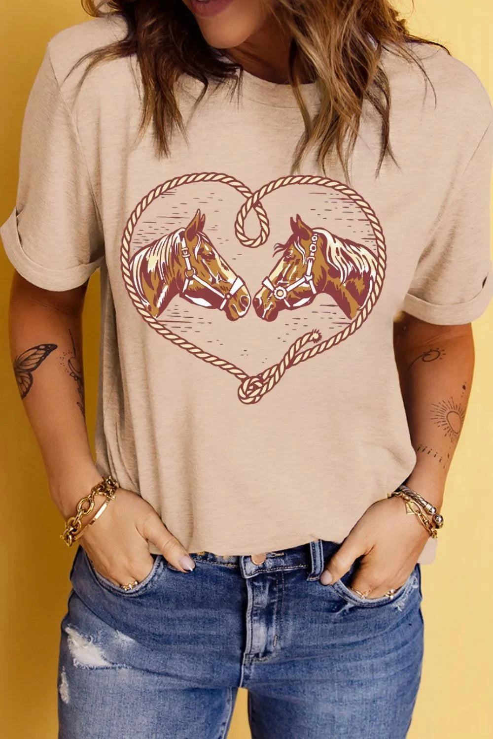 Rodeo Horse Graphic Western Cowgirl T ShirtFeatures:Basic style
Stretch:Slightly stretchy
Material composition:62% polyester, 32% cotton, 6% elastane
Care instructions:Machine wash cold. Tumble dry low.
ImporMerit SellRodeo Horse GraphicTrendsi