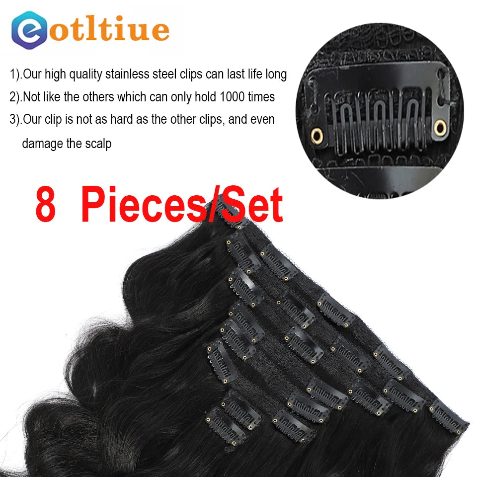 Merit Sell human hair black wavy clip ins set with 8 pieces and durable stainless steel clips