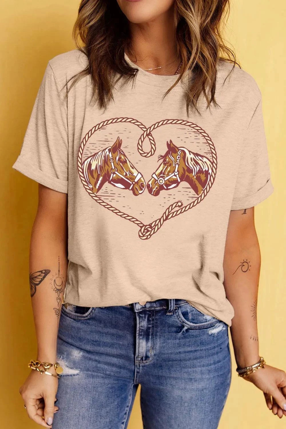 Rodeo Horse Graphic Western Cowgirl T ShirtFeatures:Basic style
Stretch:Slightly stretchy
Material composition:62% polyester, 32% cotton, 6% elastane
Care instructions:Machine wash cold. Tumble dry low.
ImporMerit SellRodeo Horse GraphicTrendsi