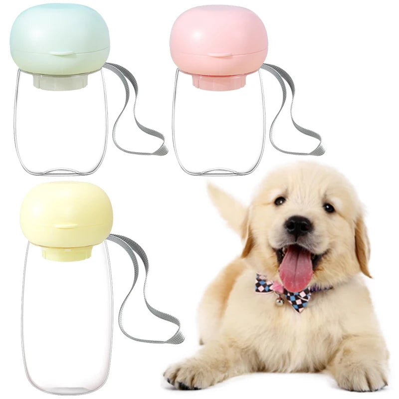 Merit Sell food grade pet water dispenser in pastel green pink and yellow with portable design and strap, next to happy golden retriever puppy