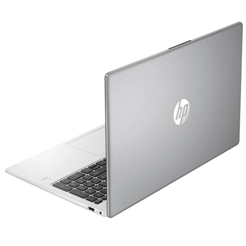 HP 255 G10 business laptop in silver with open lid showing keyboard and sleek design