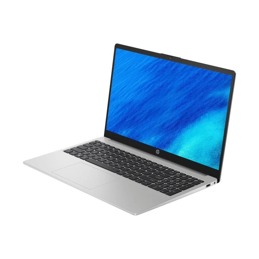 HP 255 G10 business laptop in silver with black keyboard and blue screen display
