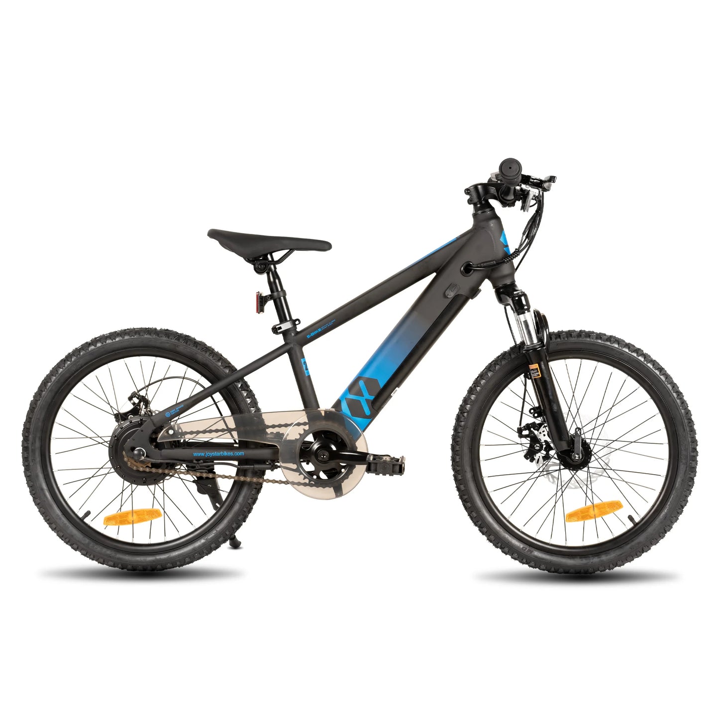 Merit Sell electric bike for kids ages 7 and up in black and blue with sturdy frame and knobby tires