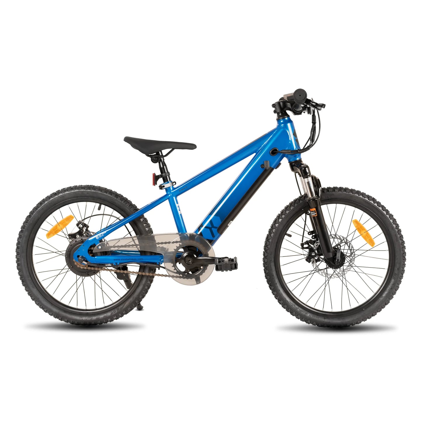 Merit Sell blue electric bike for kids ages 7 and up with sturdy frame and off-road tires