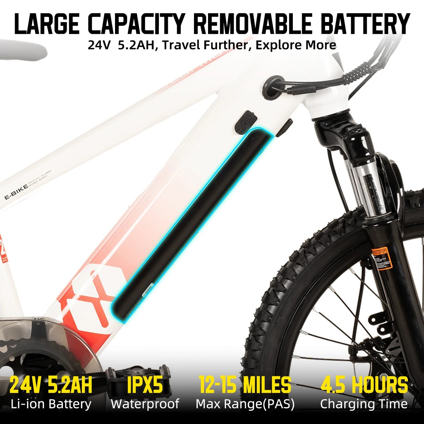 Merit Sell electric bike for kids ages 7 and up with large capacity removable 24V 5.2AH battery and 12-15 miles range