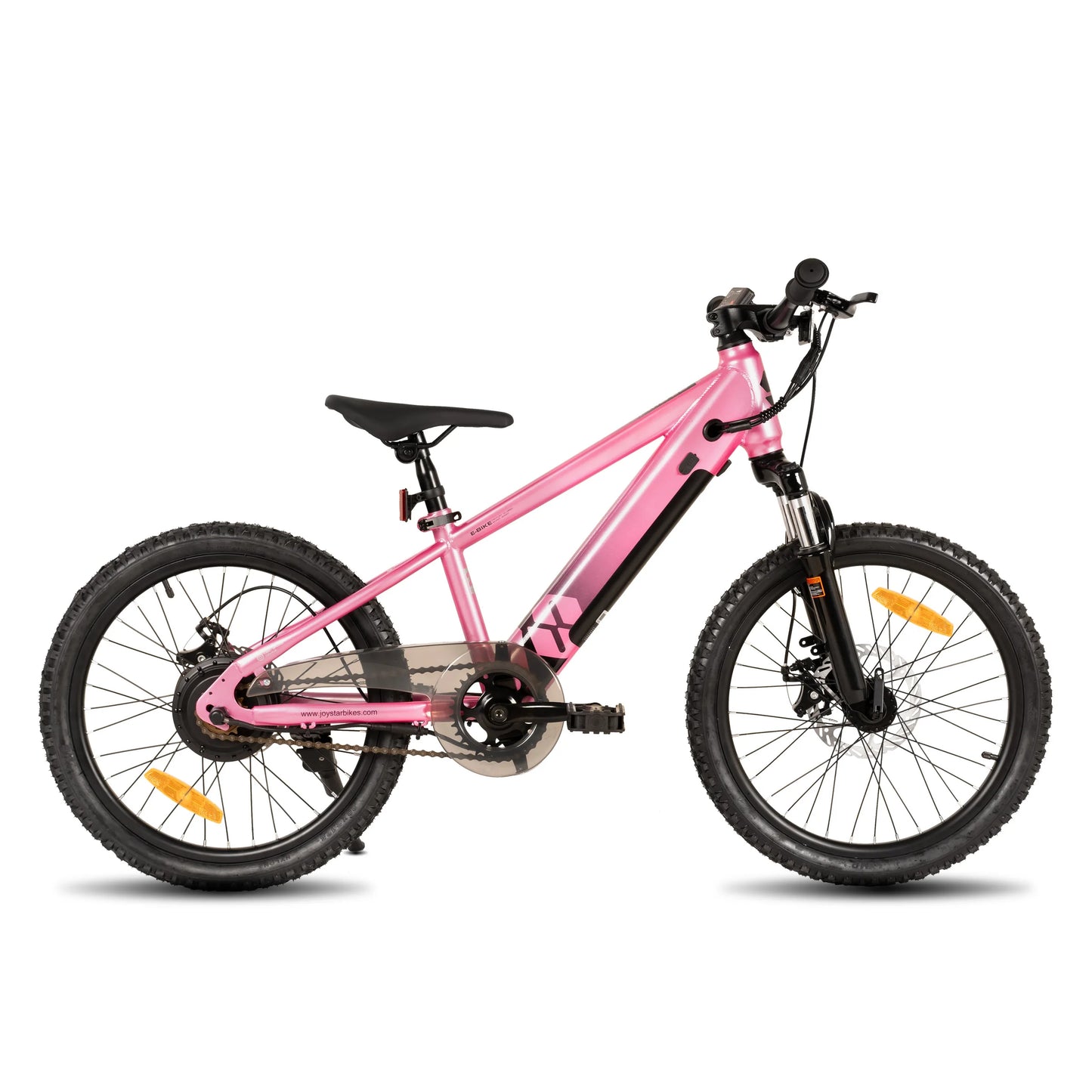 Pink electric bike for kids ages 7 and up with durable frame and knobby tires by Merit Sell