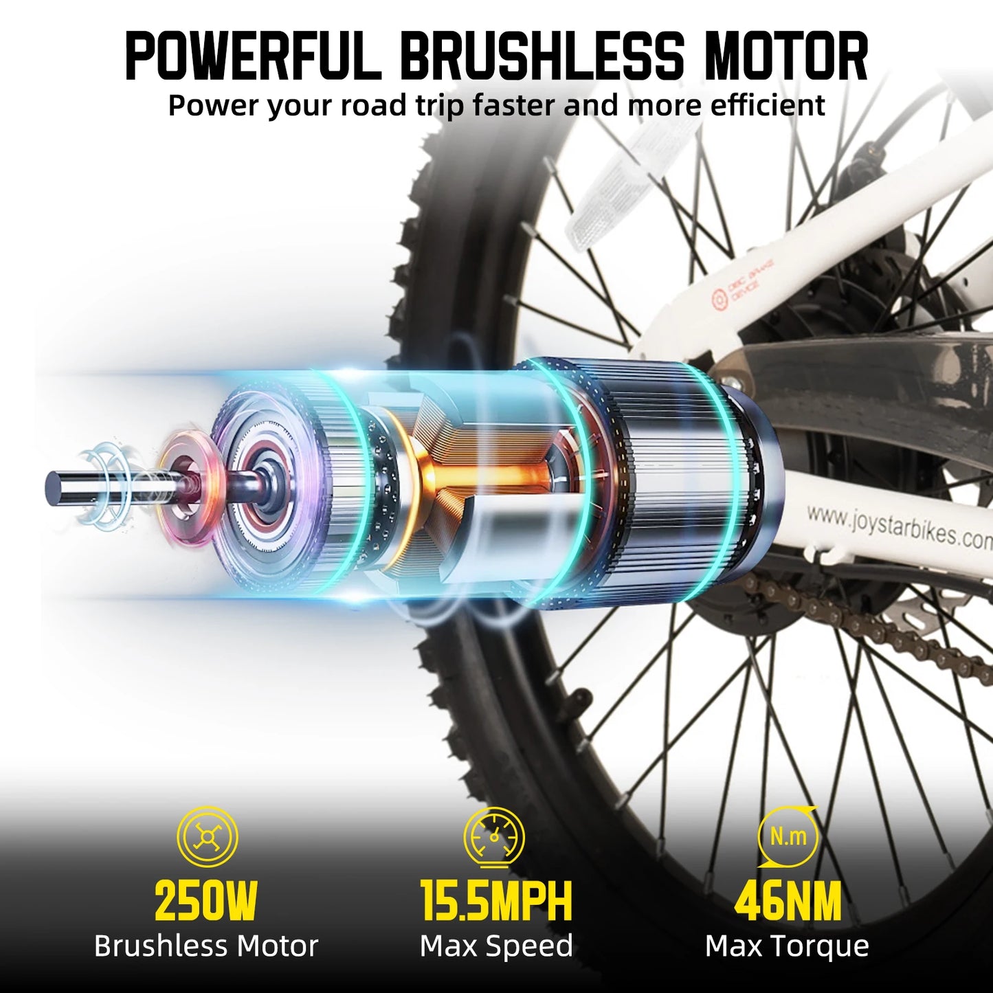 Close up of powerful brushless motor on electric bike for kids ages 7 and up with 250W power and 15.5 MPH max speed