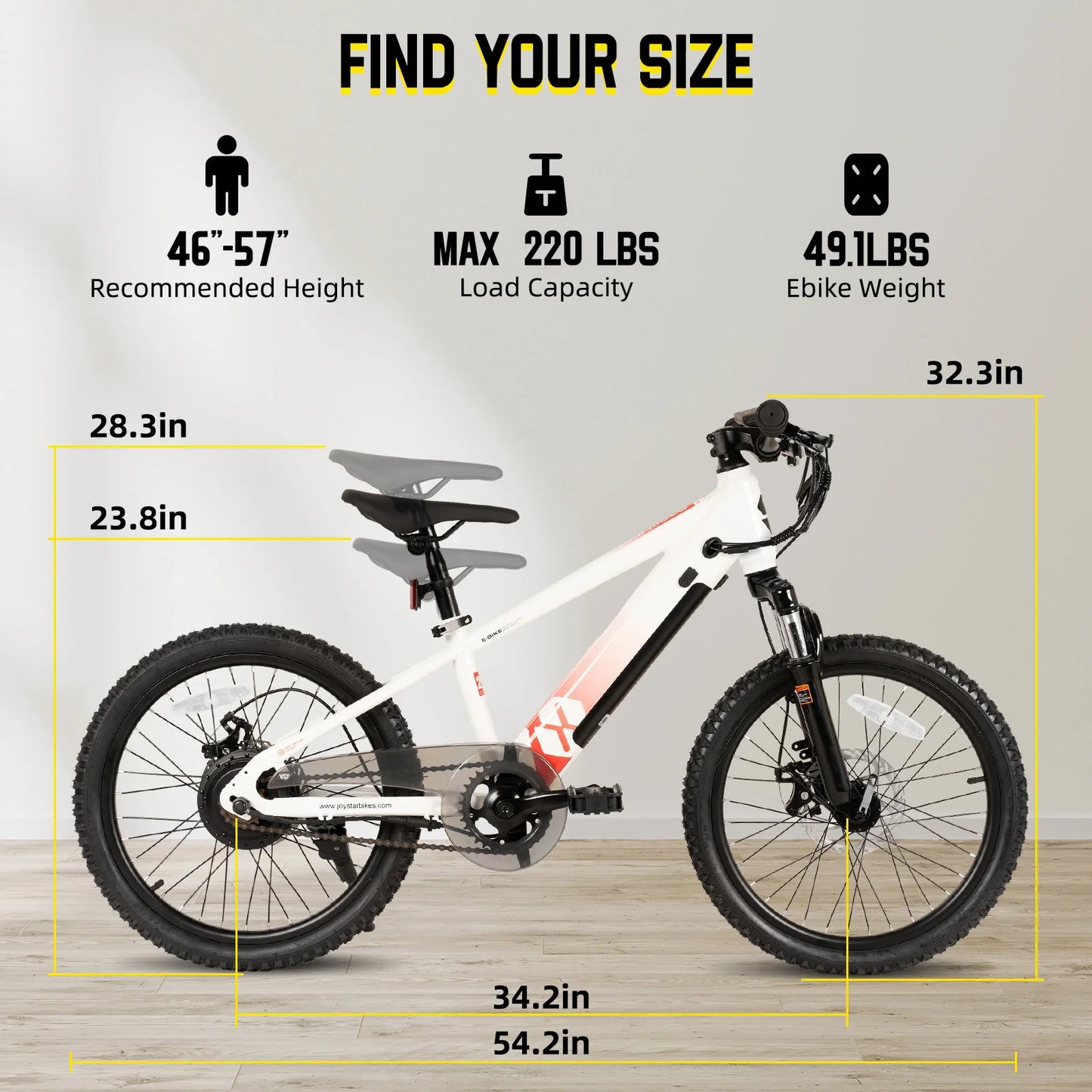 Merit Sell electric bike for kids ages 7 and up with size and weight specifications for 46 to 57 inch height