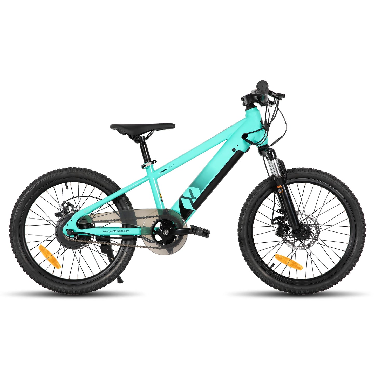Merit Sell turquoise electric bike for kids ages 7 and up with sturdy frame and mountain tires