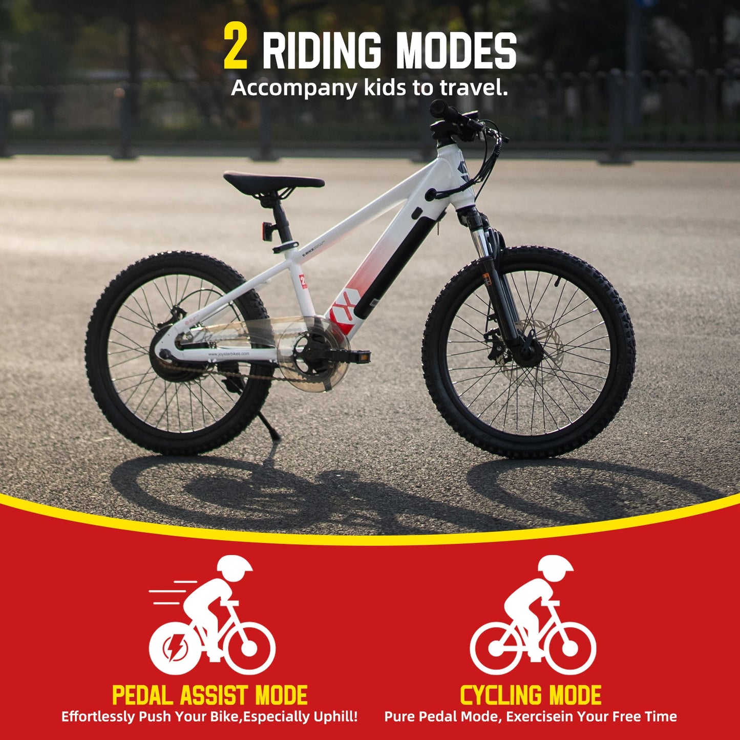 Merit Sell electric bike for kids ages 7 and up in white with two riding modes pedal assist and cycling mode