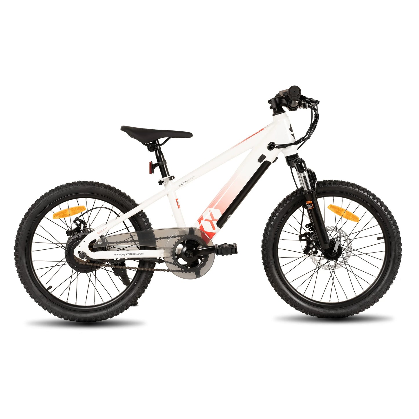 Merit Sell white electric bike for kids ages 7 and up with black tires and suspension fork
