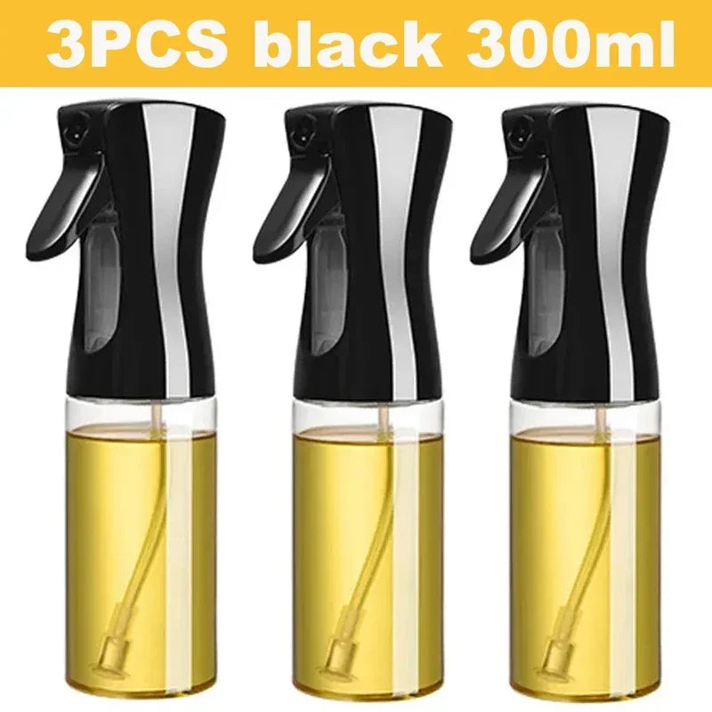 Set of 3 black 300ml kitchen oil dispenser sprayer bottles with transparent containers and trigger spray tops