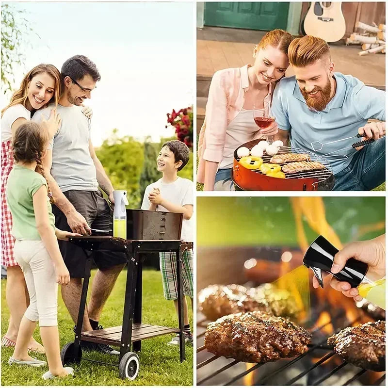 Merit Sell kitchen oil dispenser sprayer being used for grilling and outdoor cooking with family
