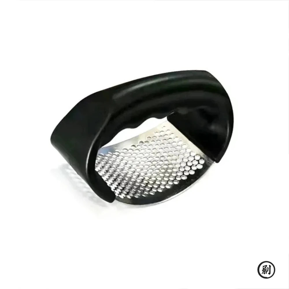 Merit Sell stainless steel garlic press with black ergonomic handle for easy crushing