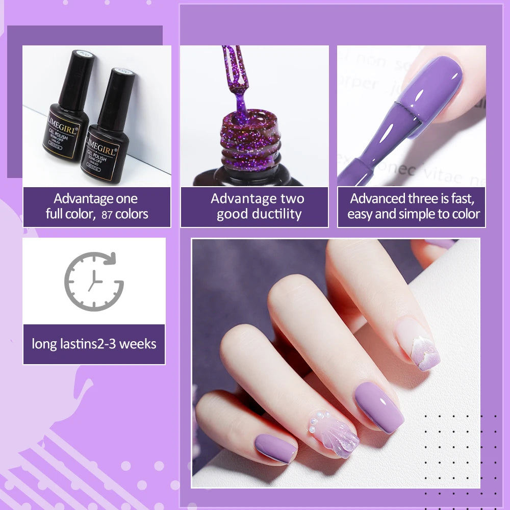 54W nail lamp gel polish kit showing purple gel polish bottles, brush application, and manicured nails with designs