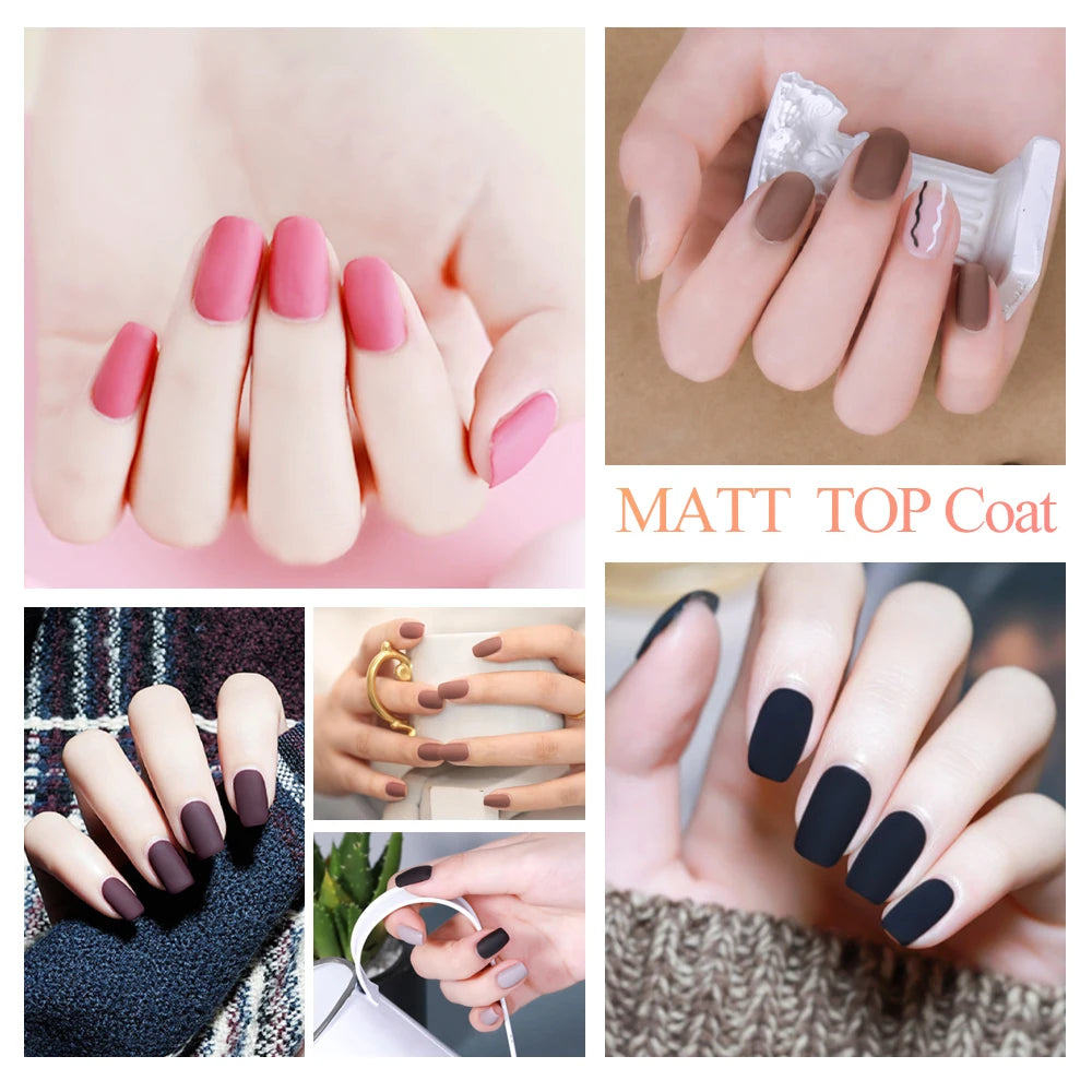 54W nail lamp gel polish kit showing various nail designs with matt top coat in pink, brown, and black shades