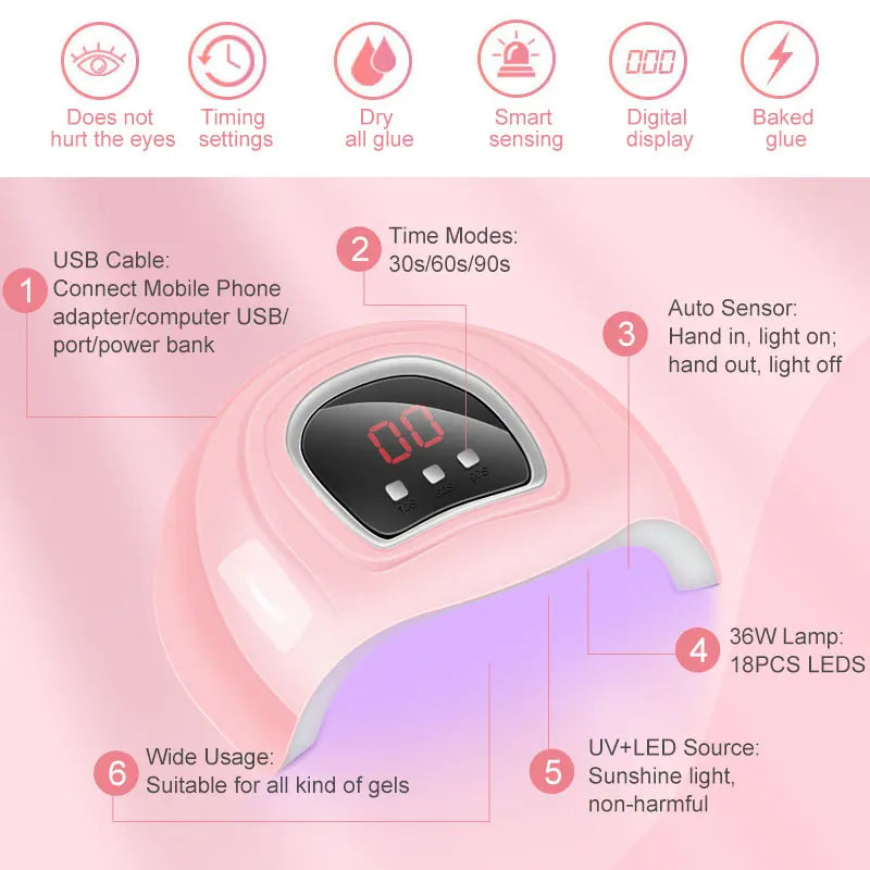 Merit Sell 54W nail lamp gel polish kit with digital display, auto sensor, and multiple timer settings in pink