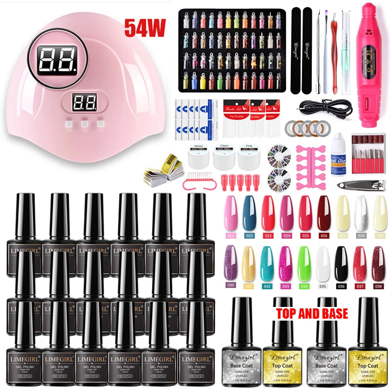 54W nail lamp gel polish kit by Merit Sell with pink lamp, 24 gel polishes, nail tools, and accessories
