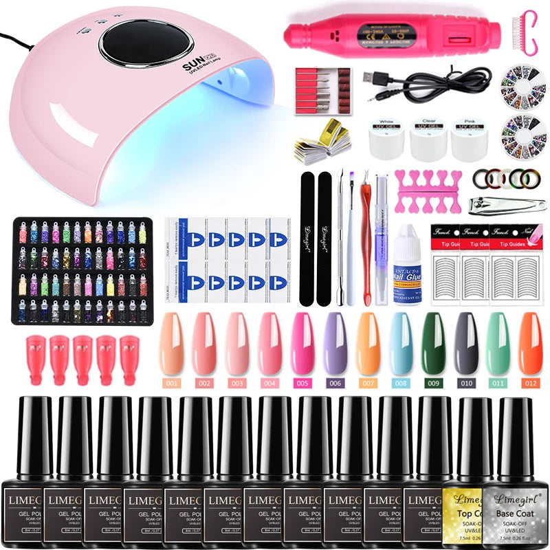 Merit Sell 54W nail lamp gel polish kit with pink LED lamp, gel polish bottles, nail drill, nail art decorations, and manicure tools